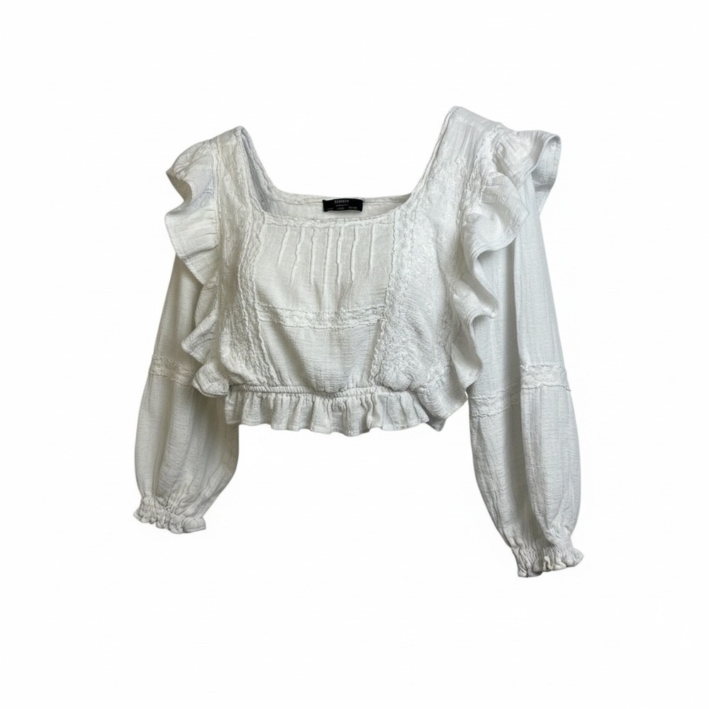 Bershka White Cropped Square Neck Ruffle Long Sleeve Boho Crop Top Size S